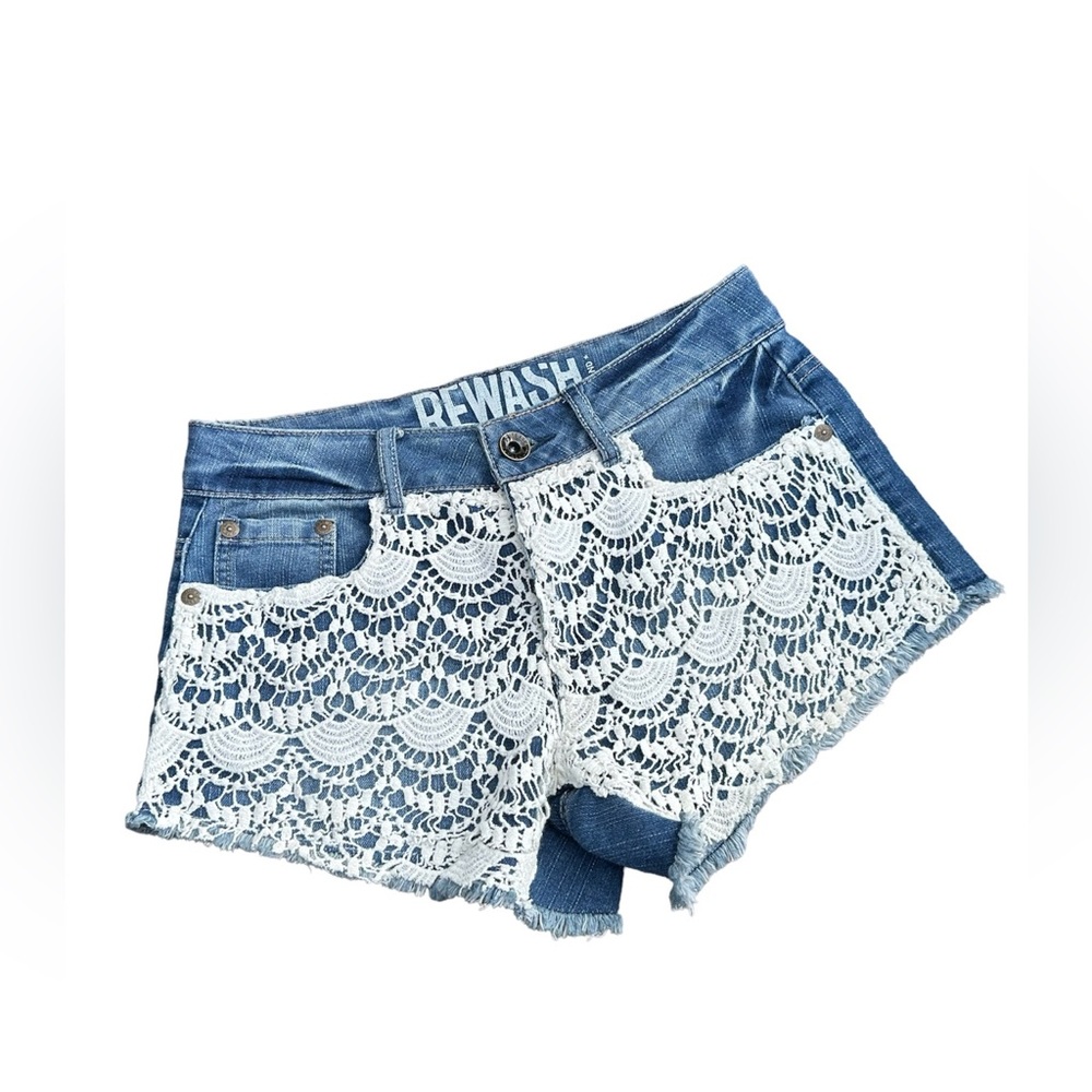 Rewash Boho/Festival Jean Shorts w/ Frayed Hem and Crochet Overlay - Size 5/27